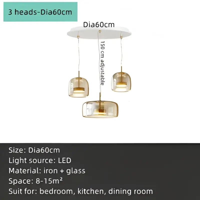 Decorbites amber glass chandelier pendant light with three amber glass shades and iron chains for living room and kitchen