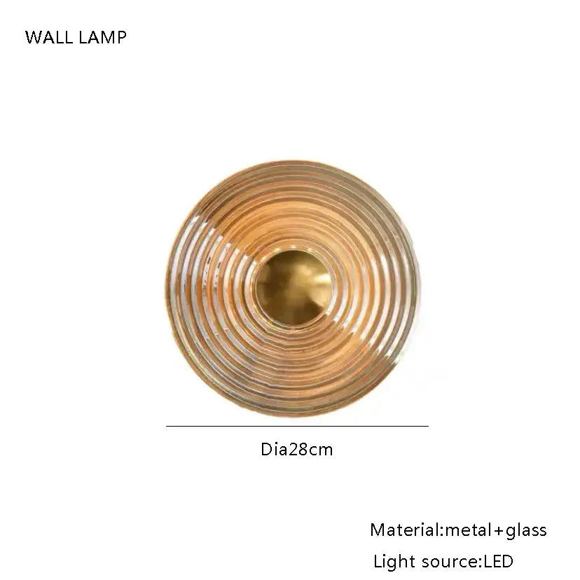 Modern brass and amber glass chandelier pendant lighting with concentric ridges and led light for nordic dining room