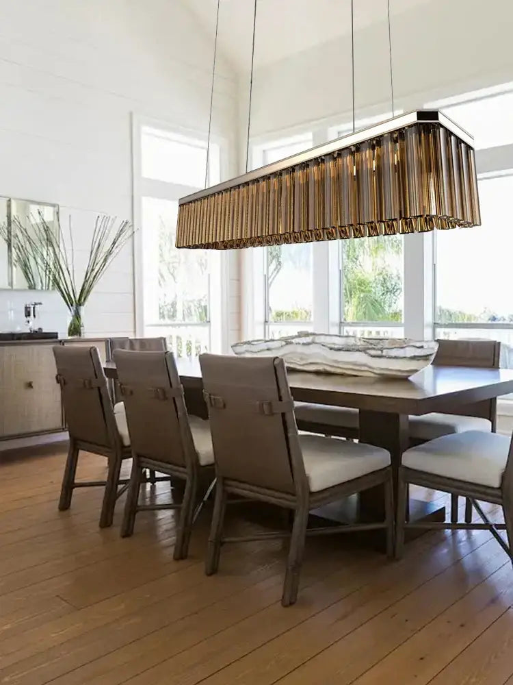 Bronze-toned amber glass chandelier with rectangular design and vertical glass tubes for nordic dining room lighting
