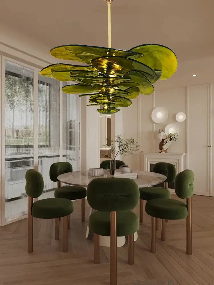 Decorbites™ emerald-green layered glass chandelier with gold-toned rod for luxury living space and amber glass chandelier ambiance
