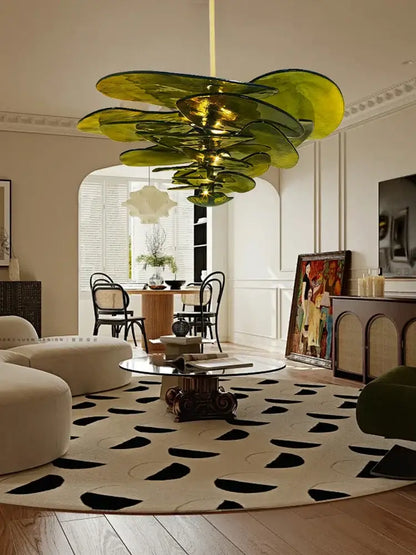 DecorBites amber glass chandelier with layered petal shades and gold rod for luxury living space lighting in duplex villa