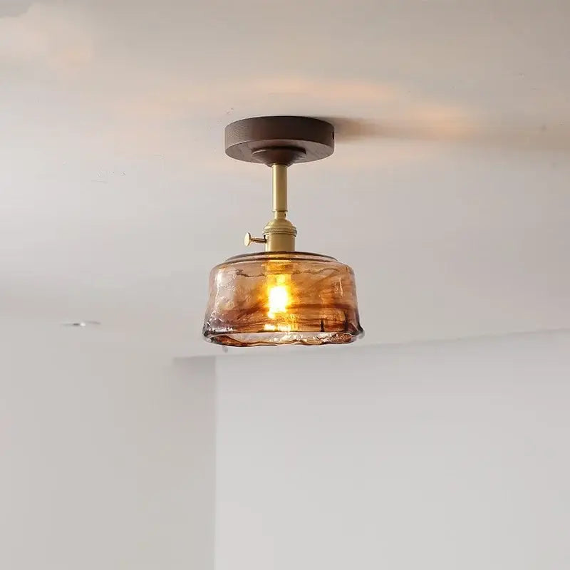 DecorBites amber glass copper ceiling light fixture with brass metal and dark wood mount for modern home decor