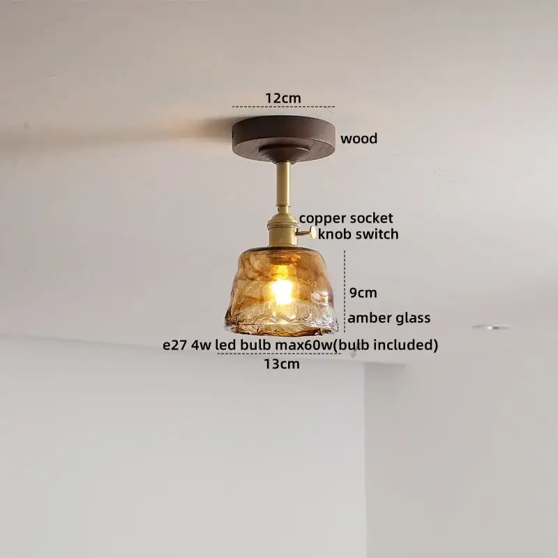 DecorBites amber glass copper ceiling light fixture with wood base designed for modern home decor lighting