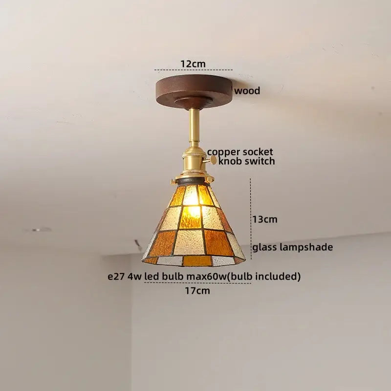 DecorBites amber glass copper ceiling light fixture with warm-toned stained glass lampshade for modern home decor