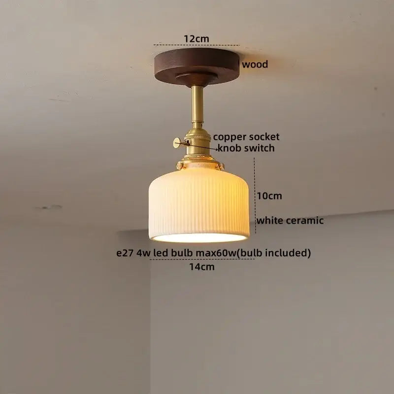DecorBites amber glass copper ceiling light fixture with dark wood base and white ribbed ceramic shade for modern decor