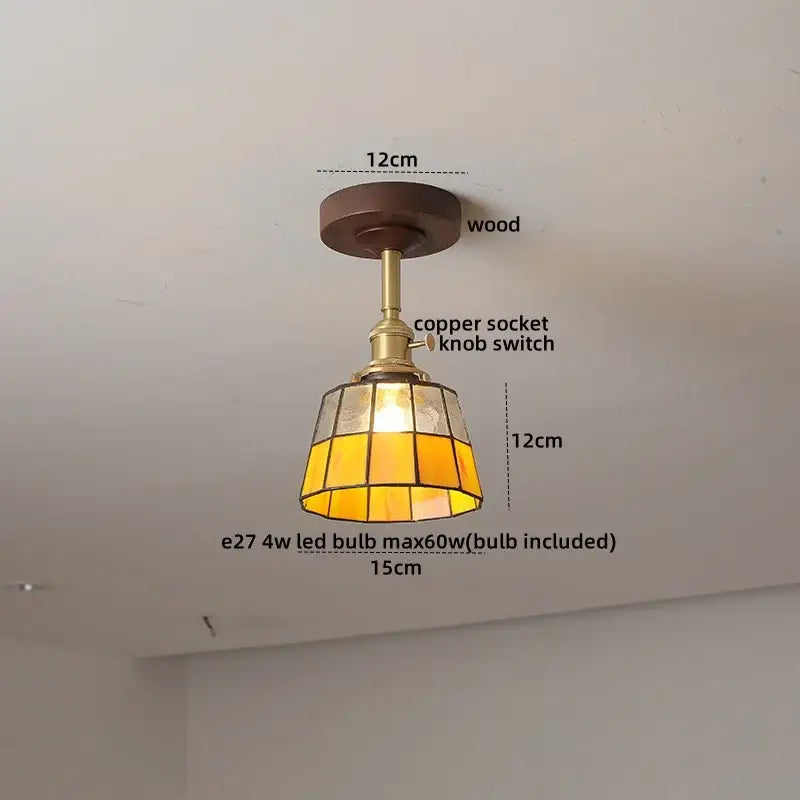 DecorBites amber glass copper ceiling light fixture with warm amber stained glass and wooden ceiling mount for modern decor