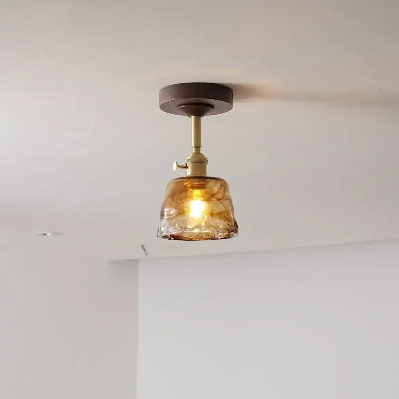 DecorBites™ amber glass copper ceiling light fixture with brass metal and dark wood mount for modern home decor