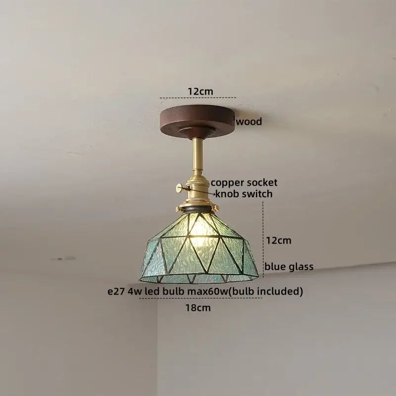 DecorBites™ amber glass copper ceiling light fixture with dark wood base and blue geometric glass shade for modern decor