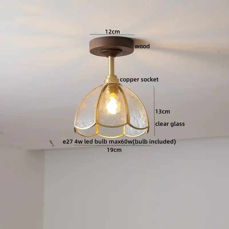 DecorBites™ amber glass copper ceiling light fixture with dark wood base and flower-shaped clear glass shade for modern decor