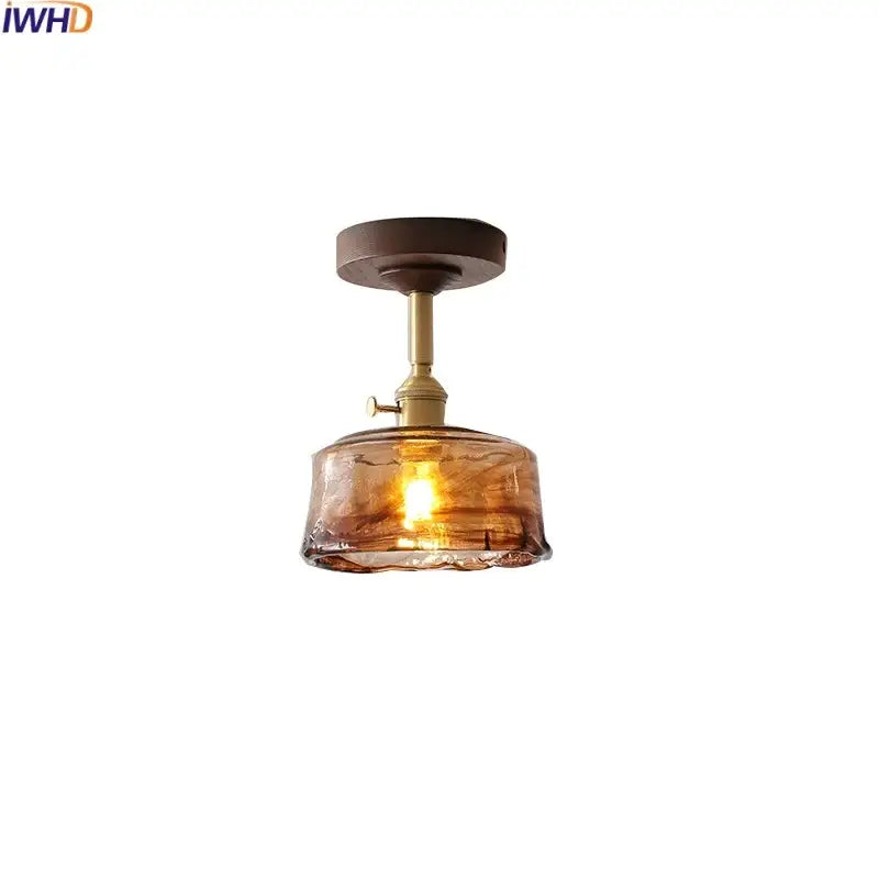 Decorbites™ amber glass copper ceiling light fixture with brass stem and dark wood mount for modern decor