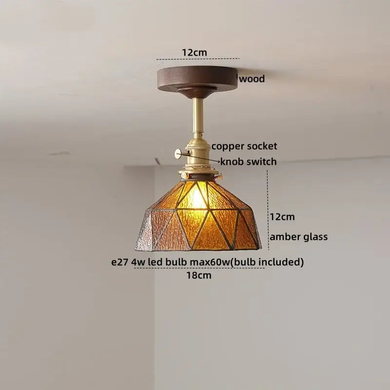Decorbites amber glass copper ceiling light fixture with wood mount for modern home decor lighting