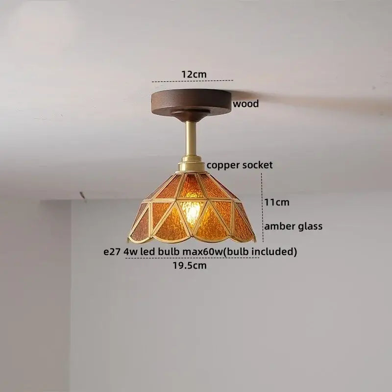 DecorBites™ amber glass copper ceiling light fixture with dark wood base and geometric stained glass shade for modern decor
