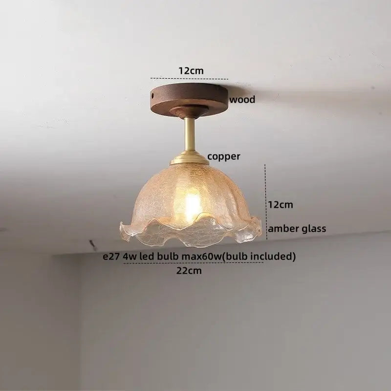 DecorBites amber glass copper ceiling light fixture with wooden mount for modern home decor lighting