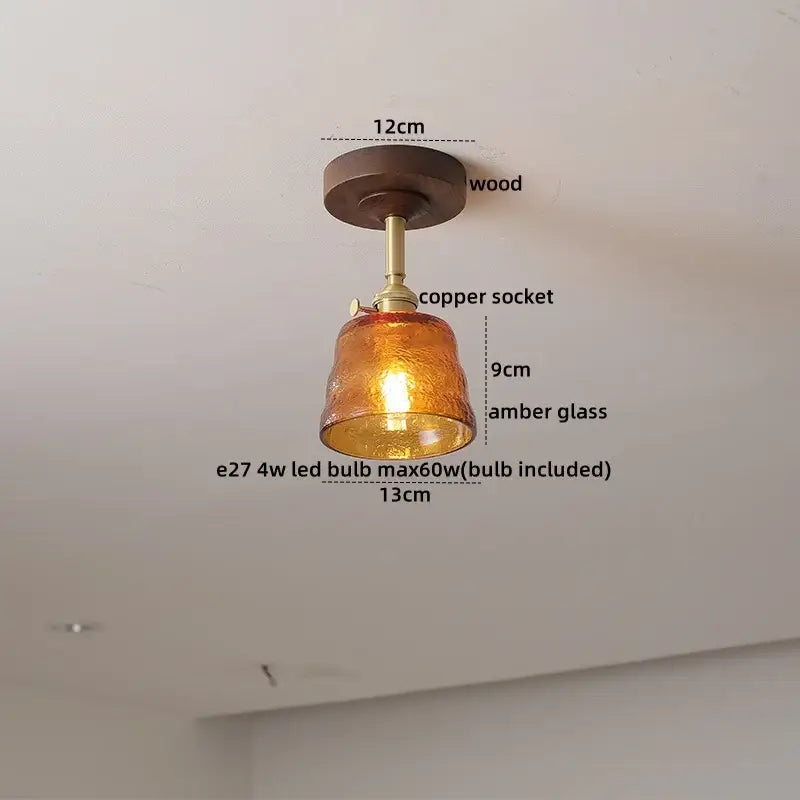 Decorbites amber glass copper led ceiling light fixture with wooden mount modern ceiling light fixture