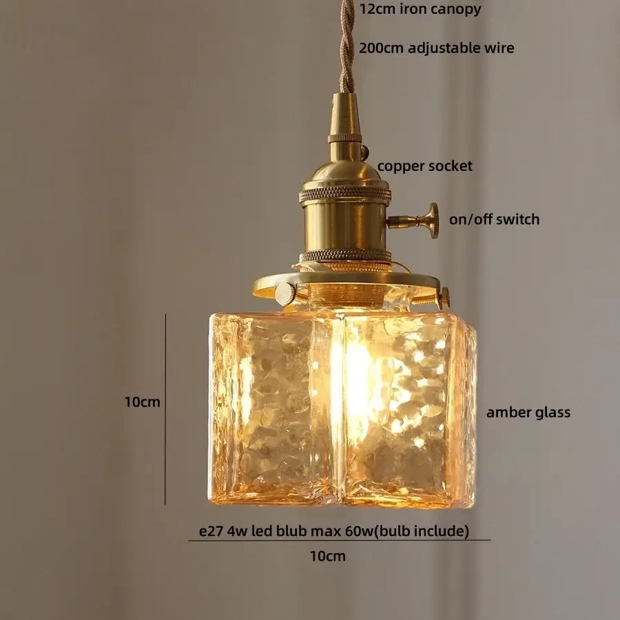 DecorBites™ amber glass cube led pendant lights with textured faceted glass and brass-finished copper socket for kitchen