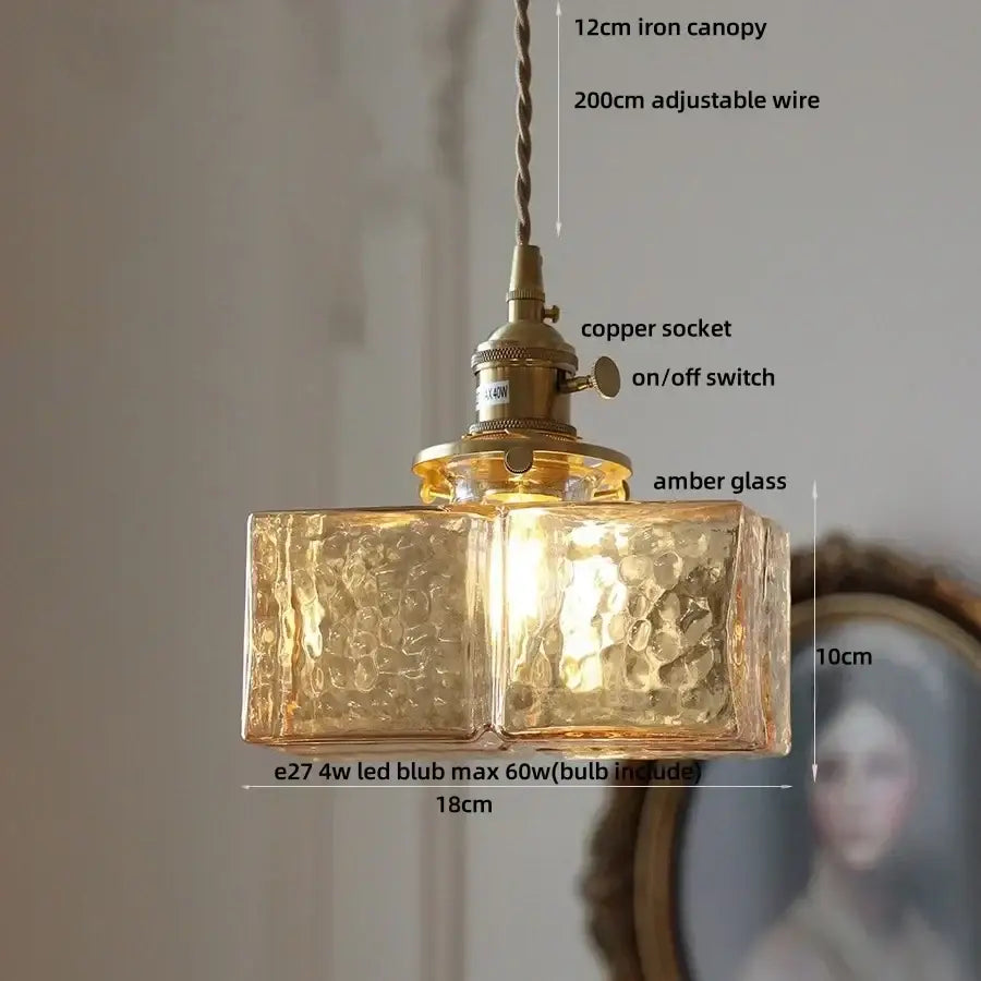 Decorbites amber glass cube led pendant light with textured amber glass and brass copper socket for kitchen and bedroom