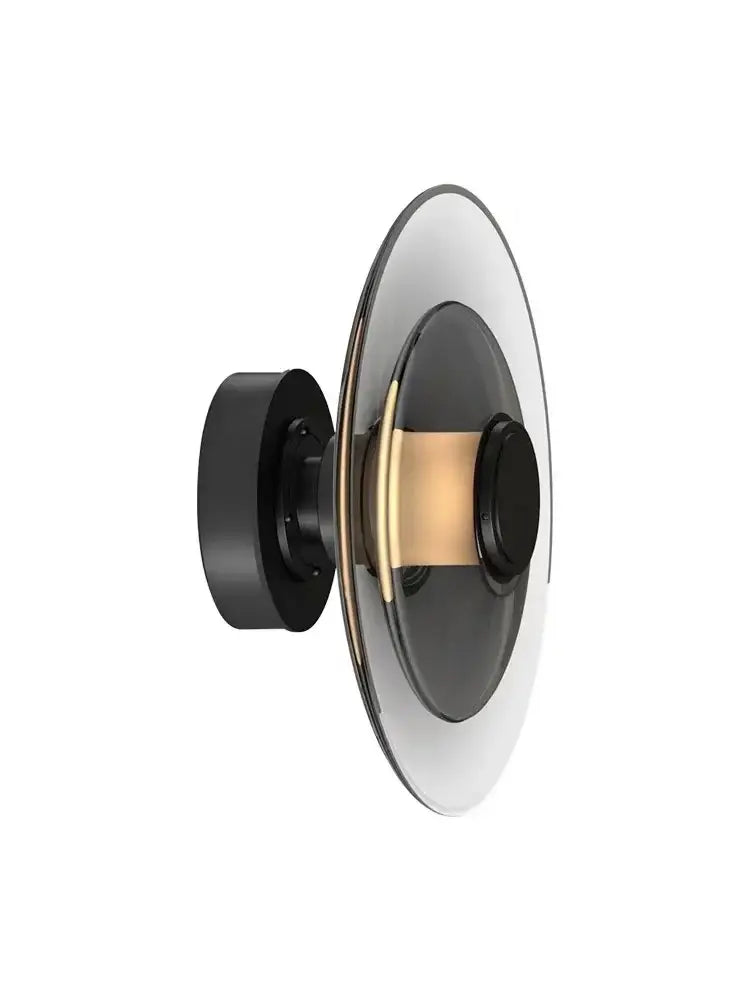 DecorBites™ amber glass disc wall lamp with black and clear concentric glass disc shades and gold-toned accents