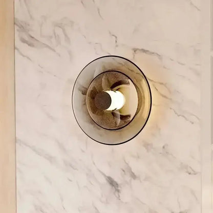 DecorBites amber glass disc wall lamp with frosted glass shade and warm diffused light modern minimalist led sconce