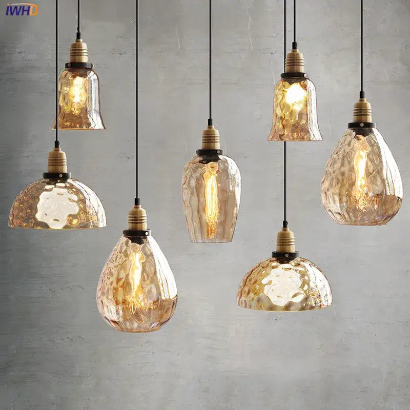 Set of six decorated amber glass industrial pendant lights with textured shades and brass glass industrial led fixtures