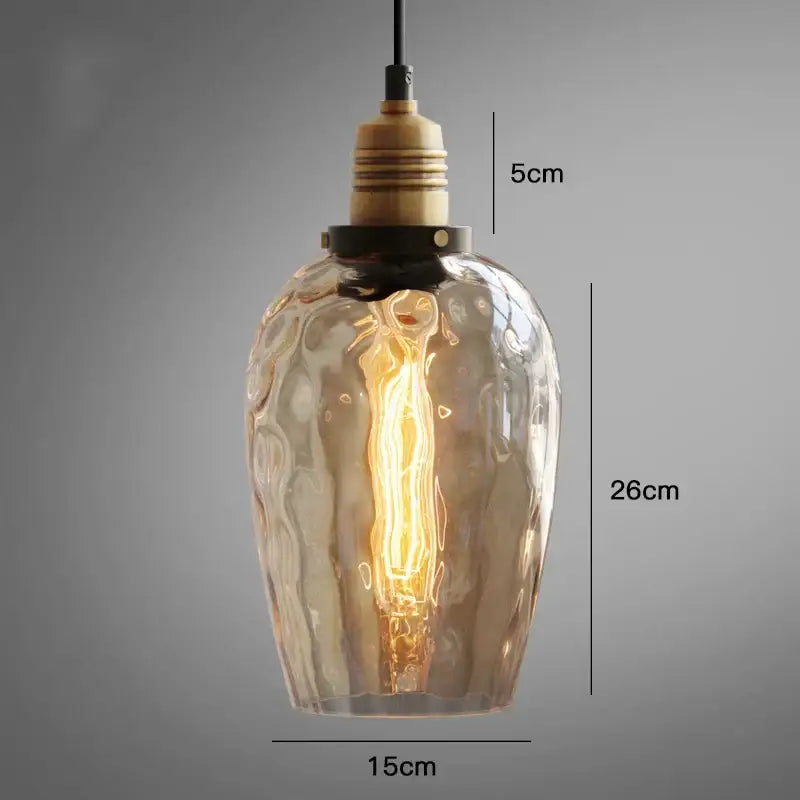 DecorBites amber glass industrial LED pendant lights with warm textured glass and wooden-finished metal fixture