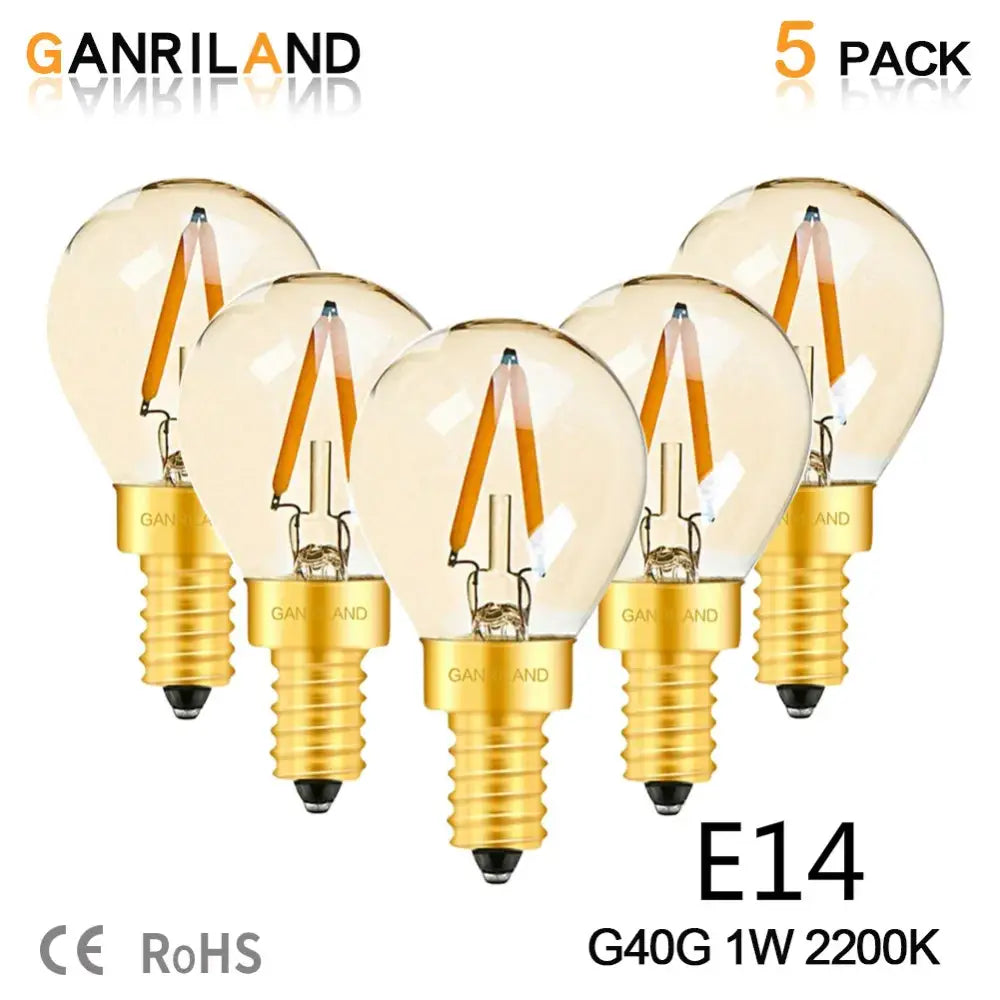 Set of five decorbites amber glass led bulbs g40 with clear glass globes and gold screw bases e14 filament led bulb