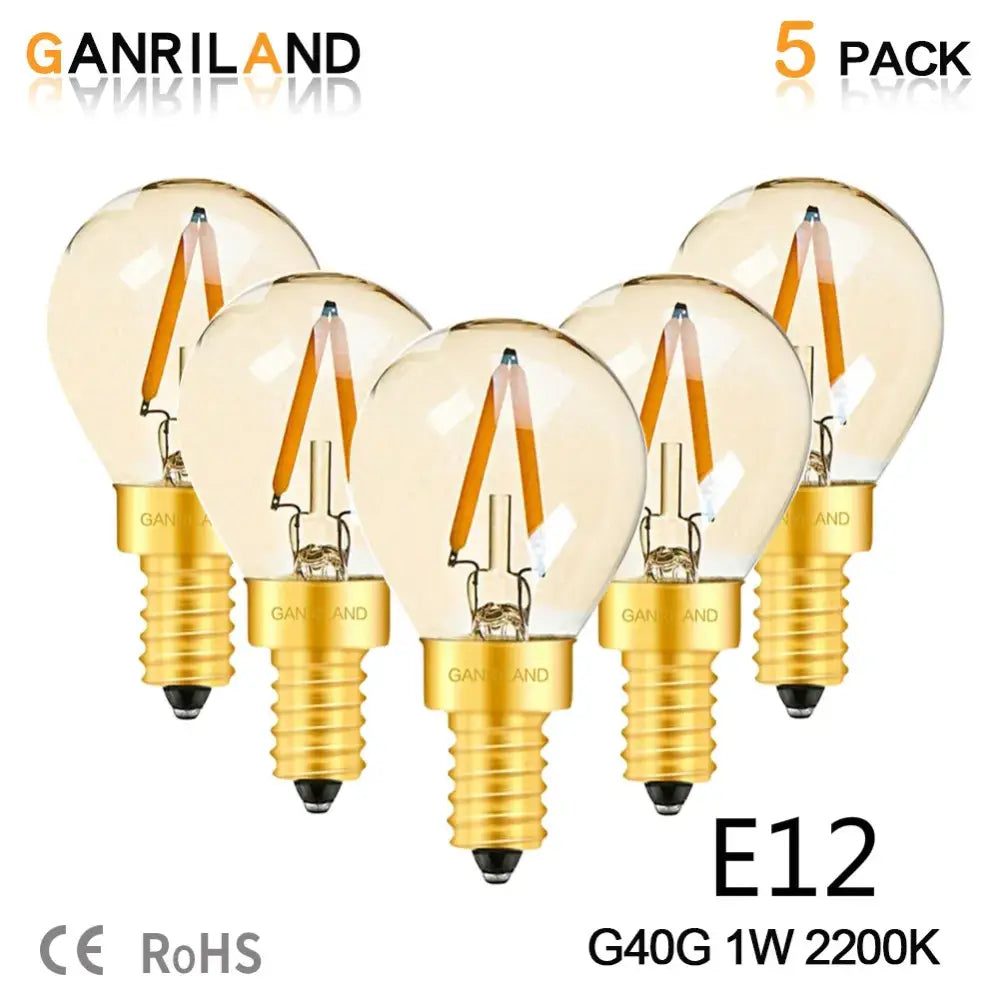 Five ganriland amber glass led bulbs with gold e12 screw bases for low voltage rv and ship lighting