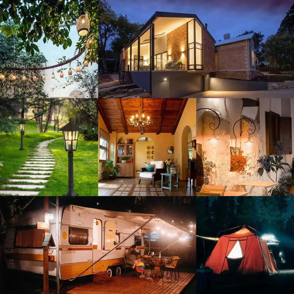 Collage showing DecorBites amber glass led bulb G40 1w with e12 e14 base used in indoor outdoor lighting scenes