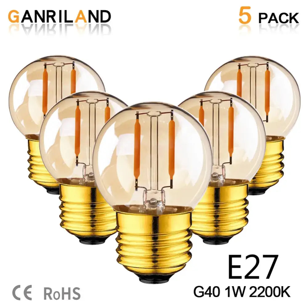 Set of five decorbites amber glass led g40 bulbs with warm amber glass and gold-colored e12 e14 screw bases
