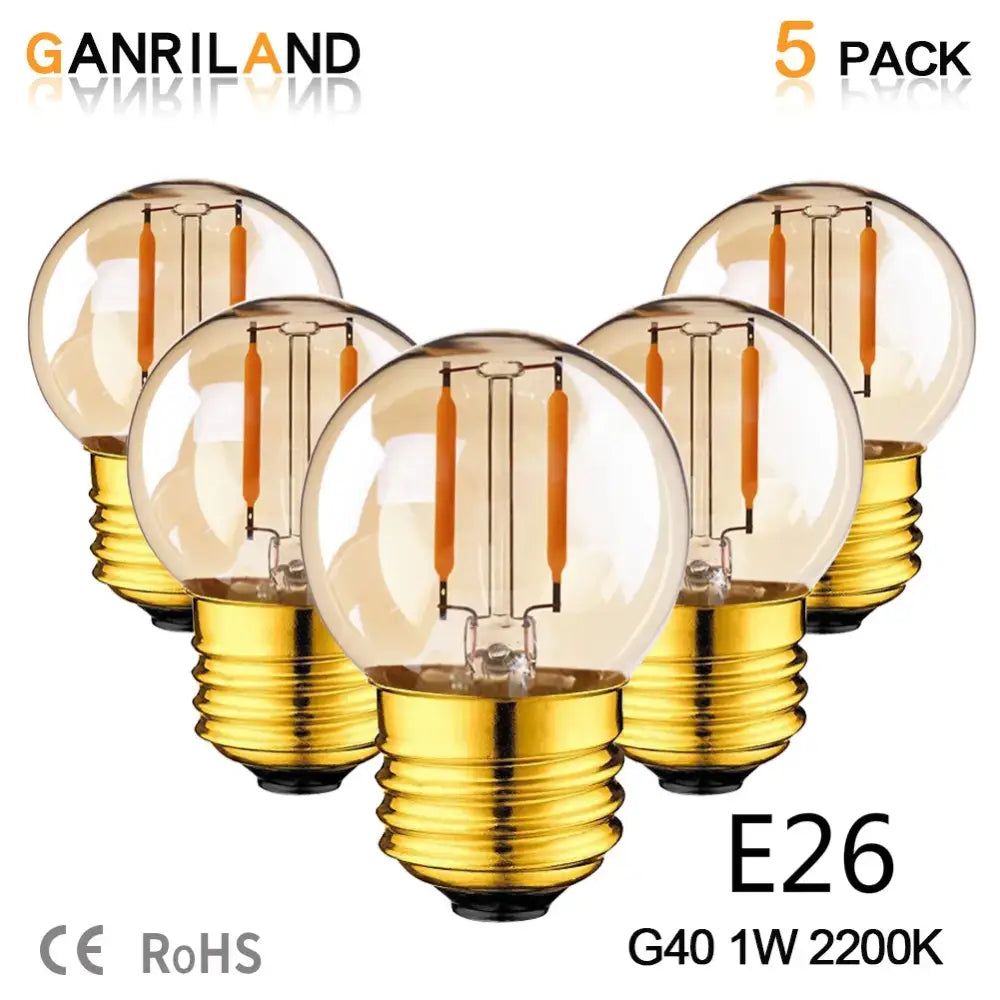 Set of five decorbites amber glass led bulbs g40 1w with gold screw bases for rv and ship use