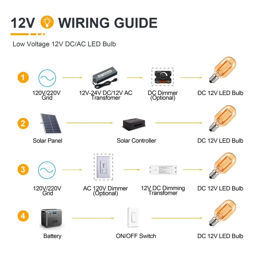 DecorBites™ amber glass led bulb with 12v dc screw base emits warm white 2200k light in a low volts mini design