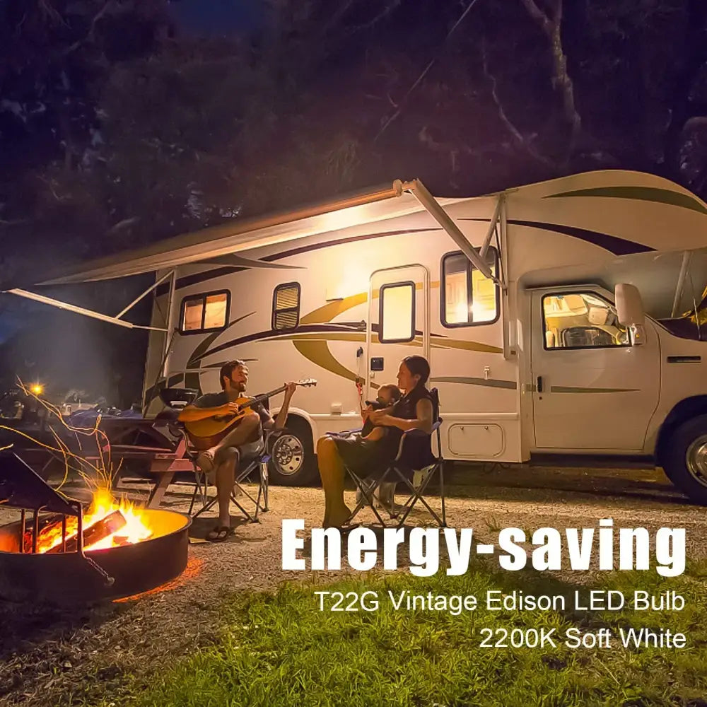 White rv with gold and black stripes parked near a decorbites amber glass led bulb warm white 2200k low volts mini light