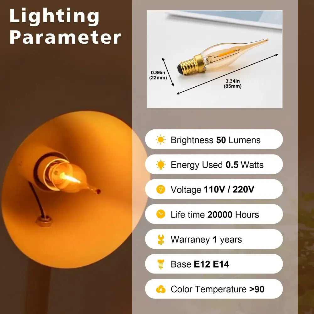 DecorBites amber glass led candle light bulb with warm vintage edison filament and brass-colored metal base