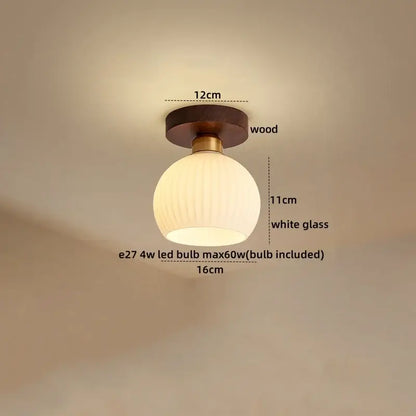 Decorbites™ amber glass led ceiling light with round white glass pendant, wooden base, and brass accents for kitchen balcony