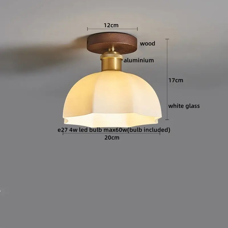 Decorbites amber glass led ceiling light with warm amber glass, brass aluminum stem, and wooden base for modern rooms