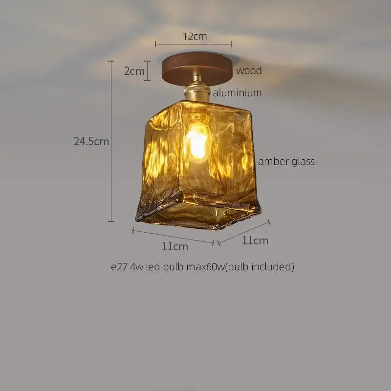Decorbites™ amber glass led ceiling light with warm amber glass and wood aluminum mount for kitchen and balcony use