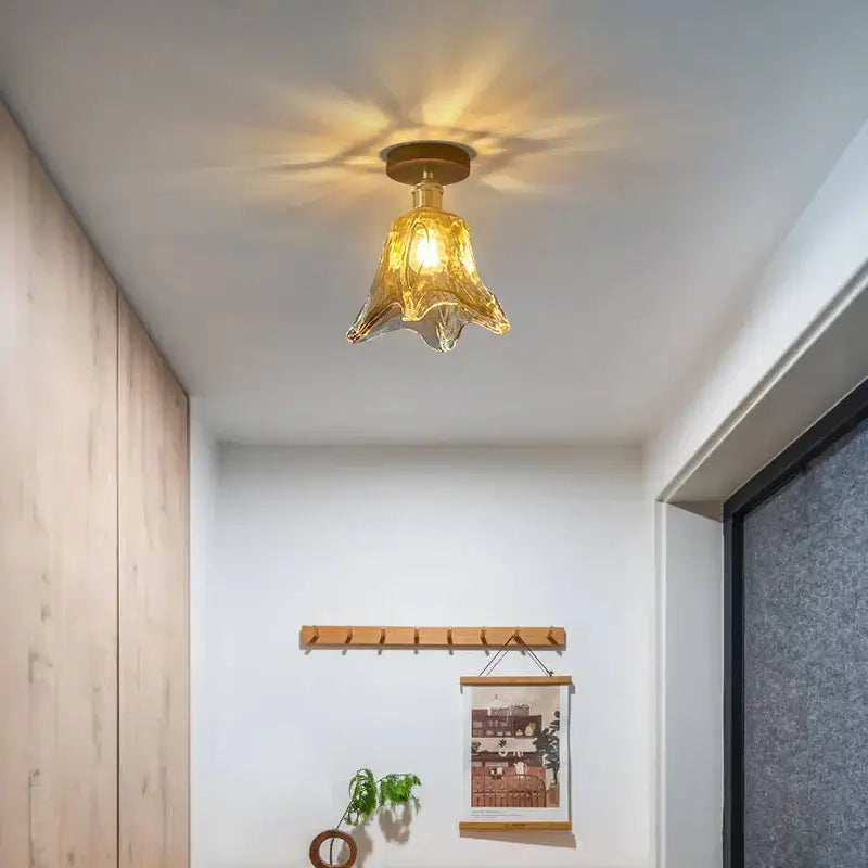 Decorbites amber glass led ceiling light with warm amber fluted glass and brass mounting for modern kitchen or balcony