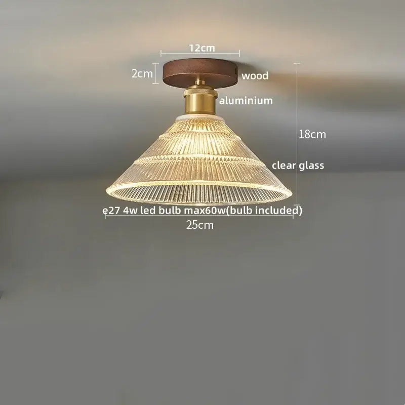 DecorBites amber glass led ceiling light with warm wooden base brass stem and clear ridged glass shade for kitchen room