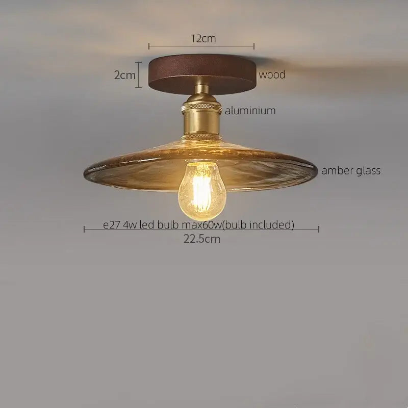 DecorBites™ amber glass led ceiling light with dark wood base and brass aluminum stem for modern kitchen and balcony use