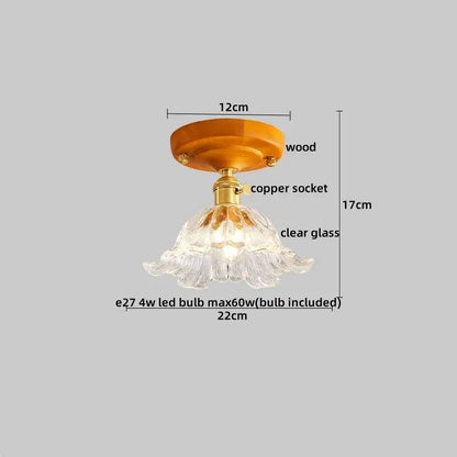 Decorbites amber glass led ceiling light with delicate flower-shaped glass, brass copper socket, and warm wood base