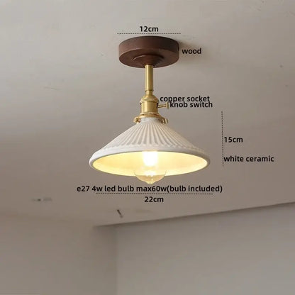 Decorbites™ white ceramic ceiling light with fluted design brass socket on dark wood plate for kids room fixture