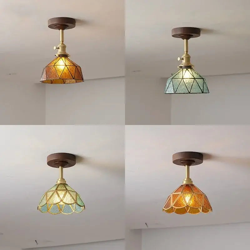 Decorbites™ amber glass led ceiling light with geometric stained glass, brass accents, and wooden base for kids room