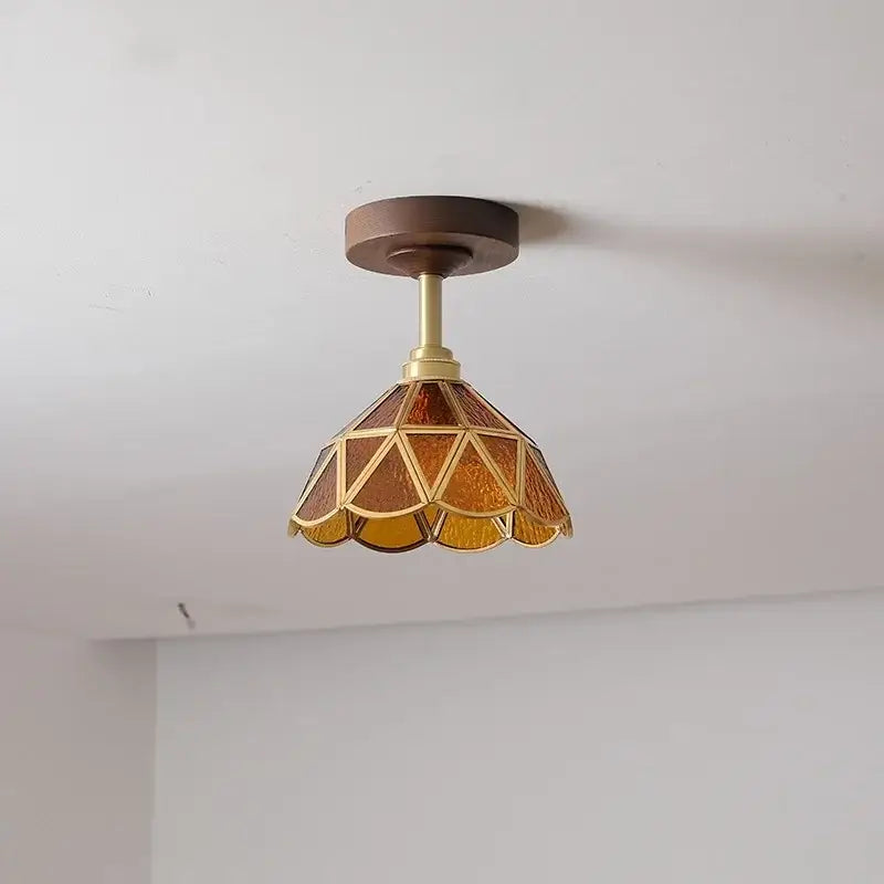 Decorbites™ amber glass led ceiling light with vintage amber stained glass shade and brass accents for kids room