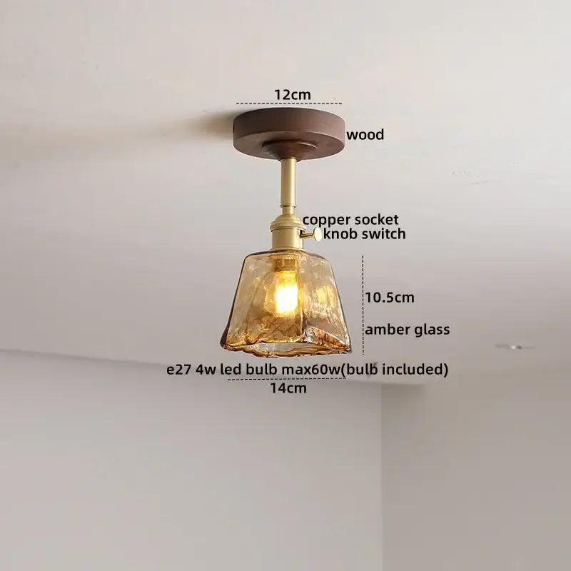Decorbites amber glass led ceiling light with warm amber glass, copper socket, and wood canopy for kids room