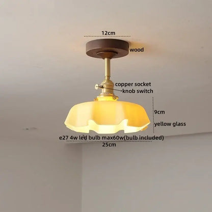 Decorbites™ amber glass led ceiling light with a wooden base and copper socket featuring a yellow glass shade