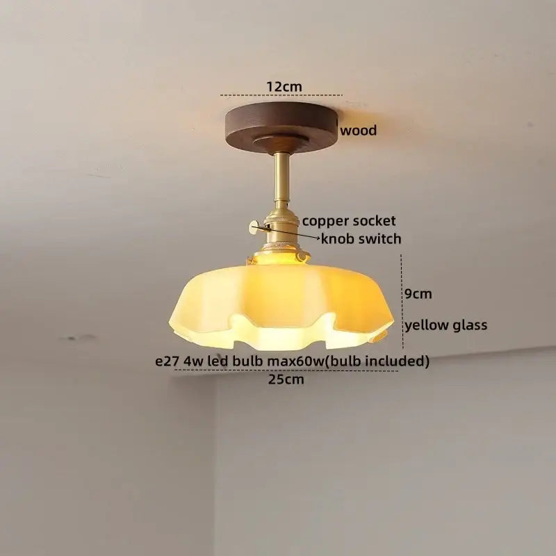 Decorbites™ amber glass led ceiling light with a wooden base and copper socket featuring a yellow glass shade