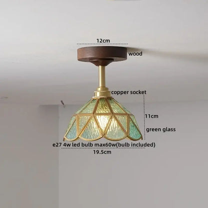 DecorBites amber glass led ceiling light with dark wood mount brass accents and green faceted glass shade for kids room