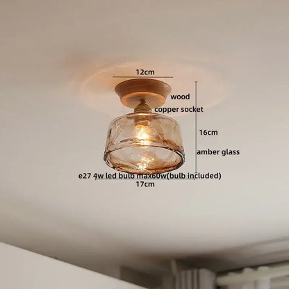 DecorBites™ amber glass led ceiling light with warm amber glass, wooden base, and copper socket for modern decor