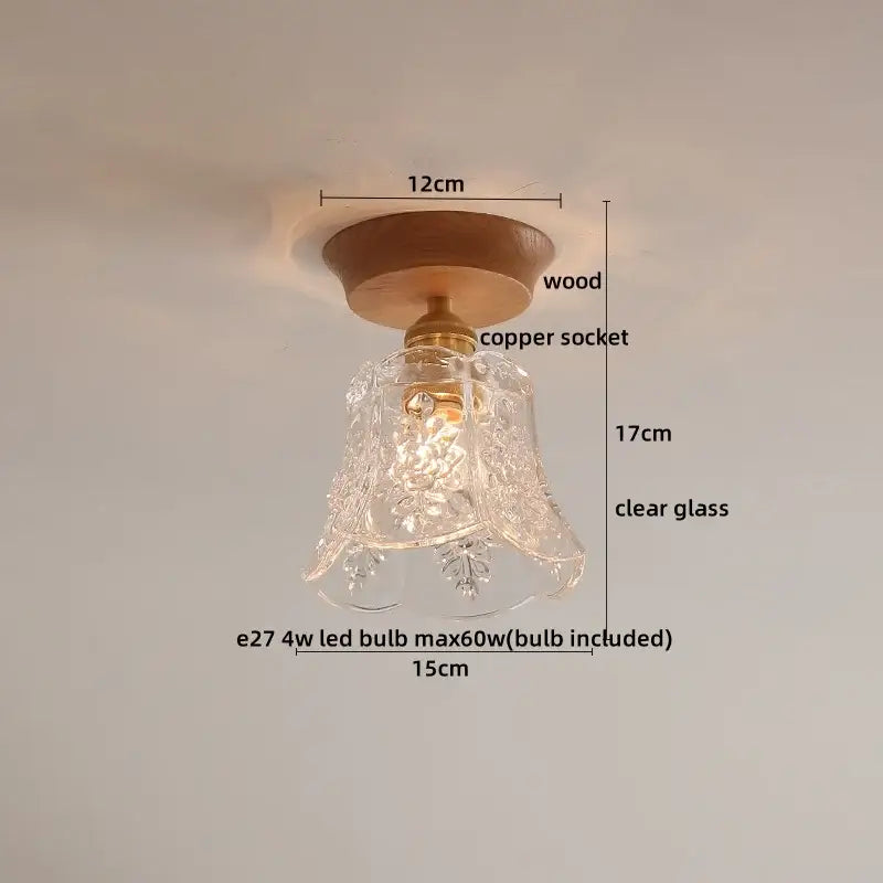 Decorbites amber glass led ceiling light with clear glass bell pendant wooden base and copper socket for modern decor