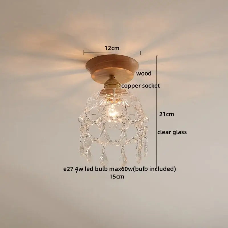Decorbites amber glass led ceiling lights featuring a delicate crystal chandelier with wood base and copper socket