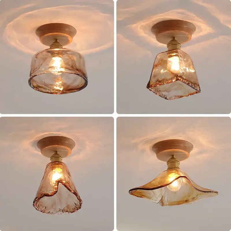 A set of four decorbites amber glass led ceiling lights with handcrafted shades and wooden mounting plates for modern decor